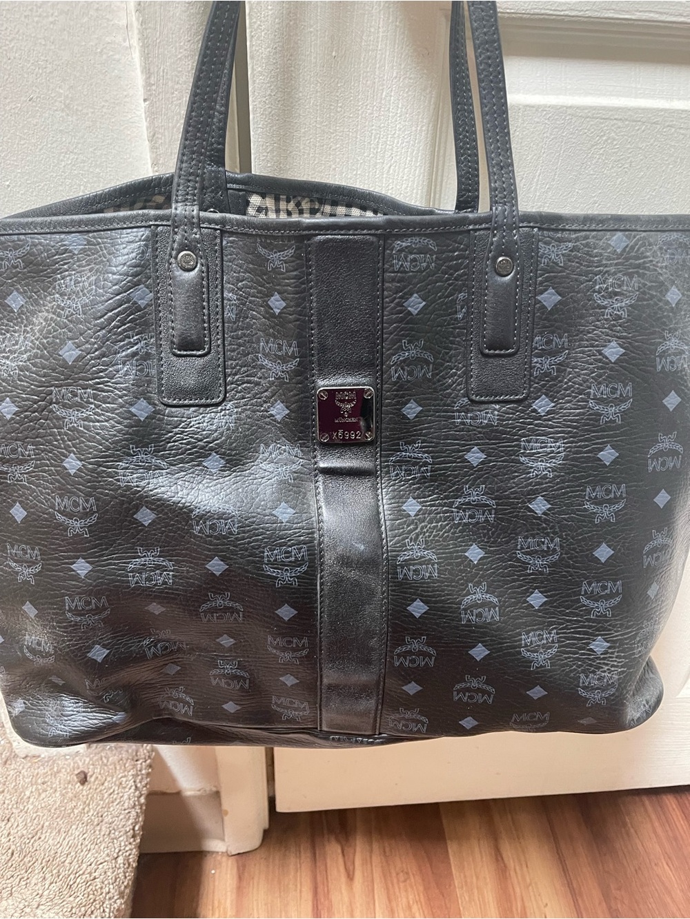 MCM Black Logo-Print Coated Canvas Tote with Plaque